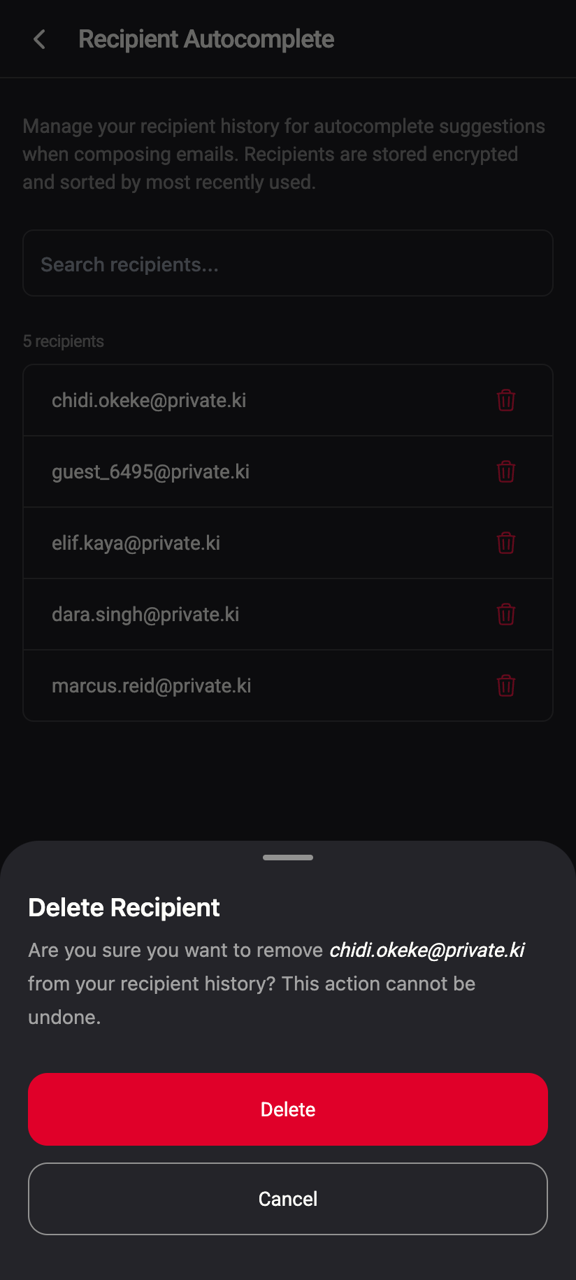 The Delete Recipient confirmation.