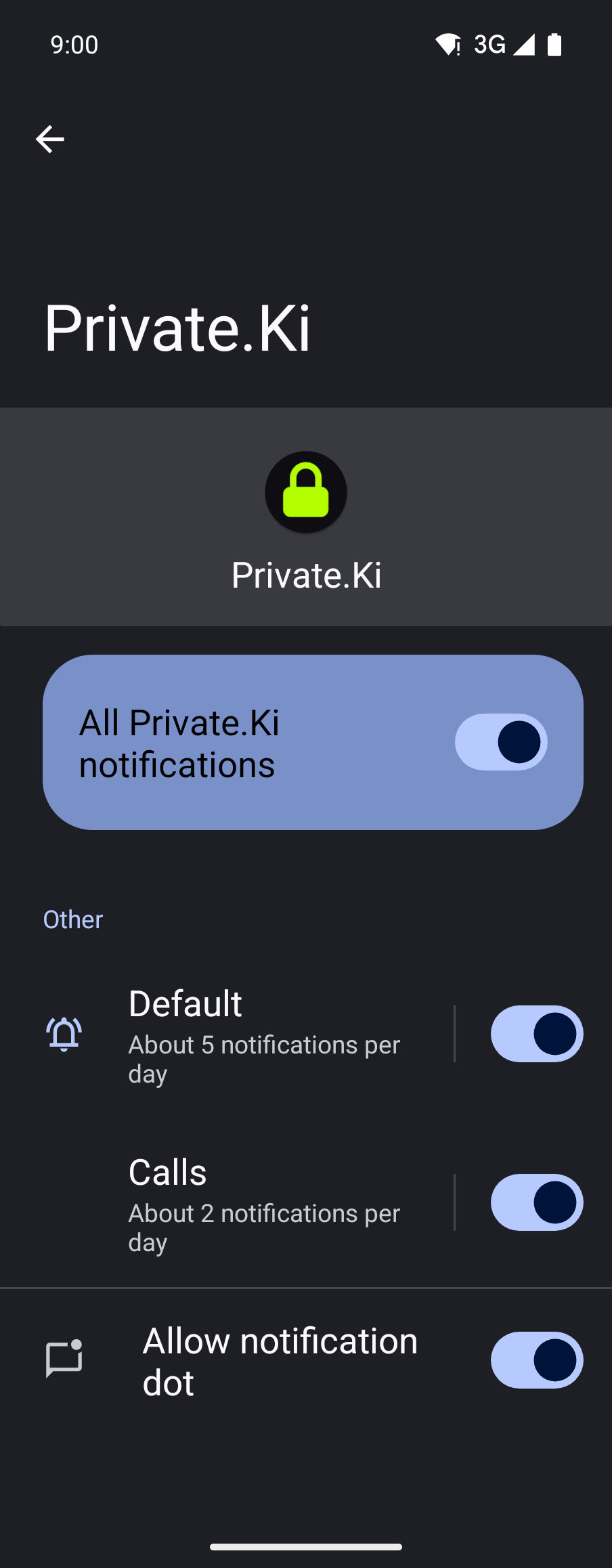 Notifications are controlled in the phone's settings; the app has no switch of its own.