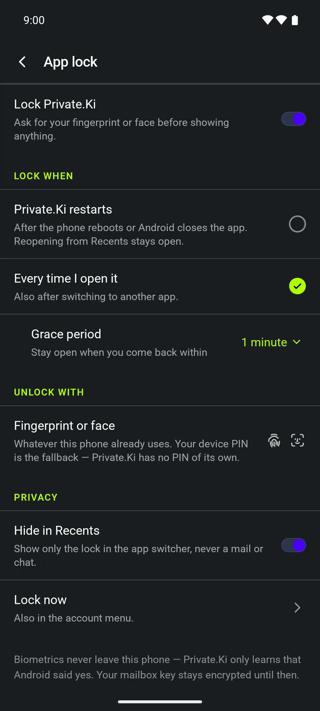 Settings › App lock. Master switch on, Lock when, Grace period, Unlock with, Hide in Recents and Lock now.