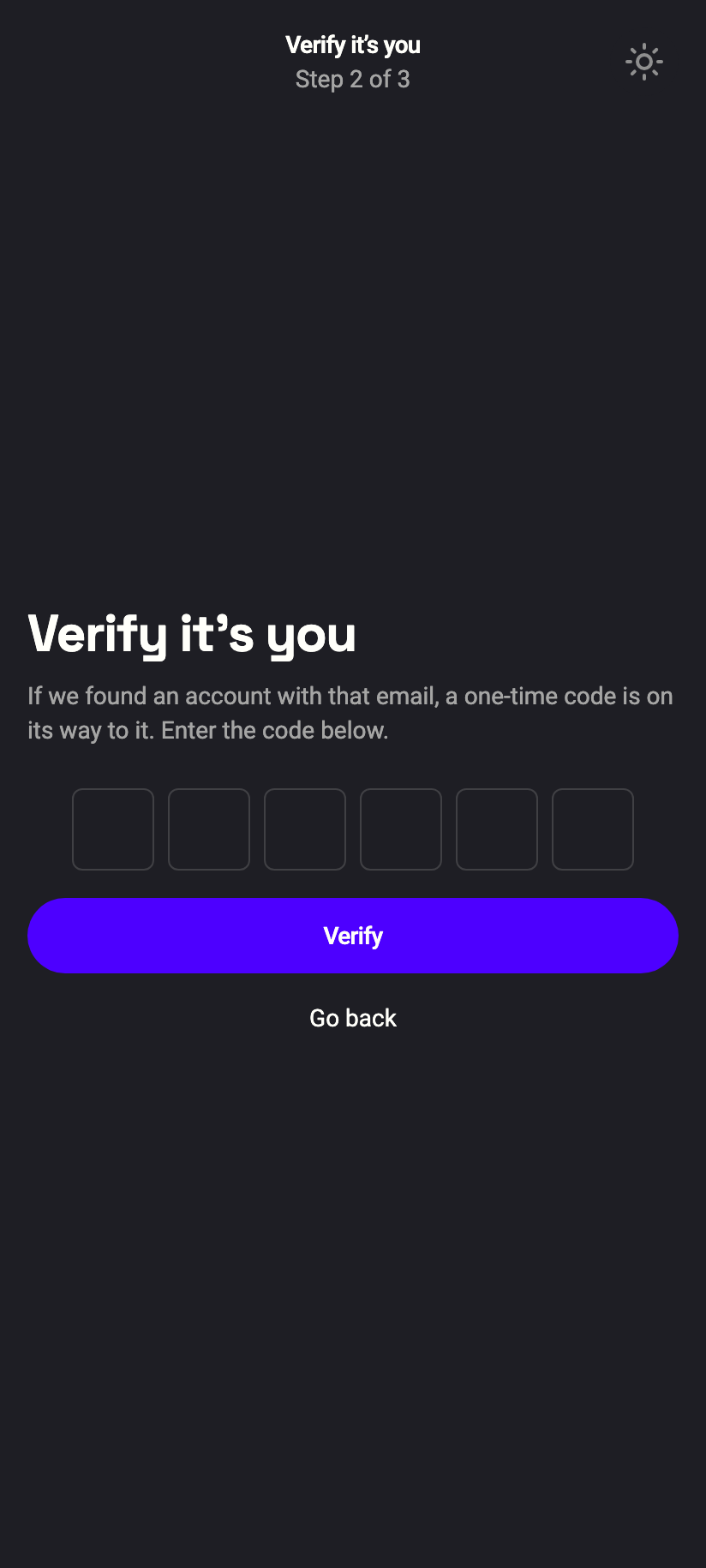 Step 2 of 3: the six-digit code from your recovery mailbox.