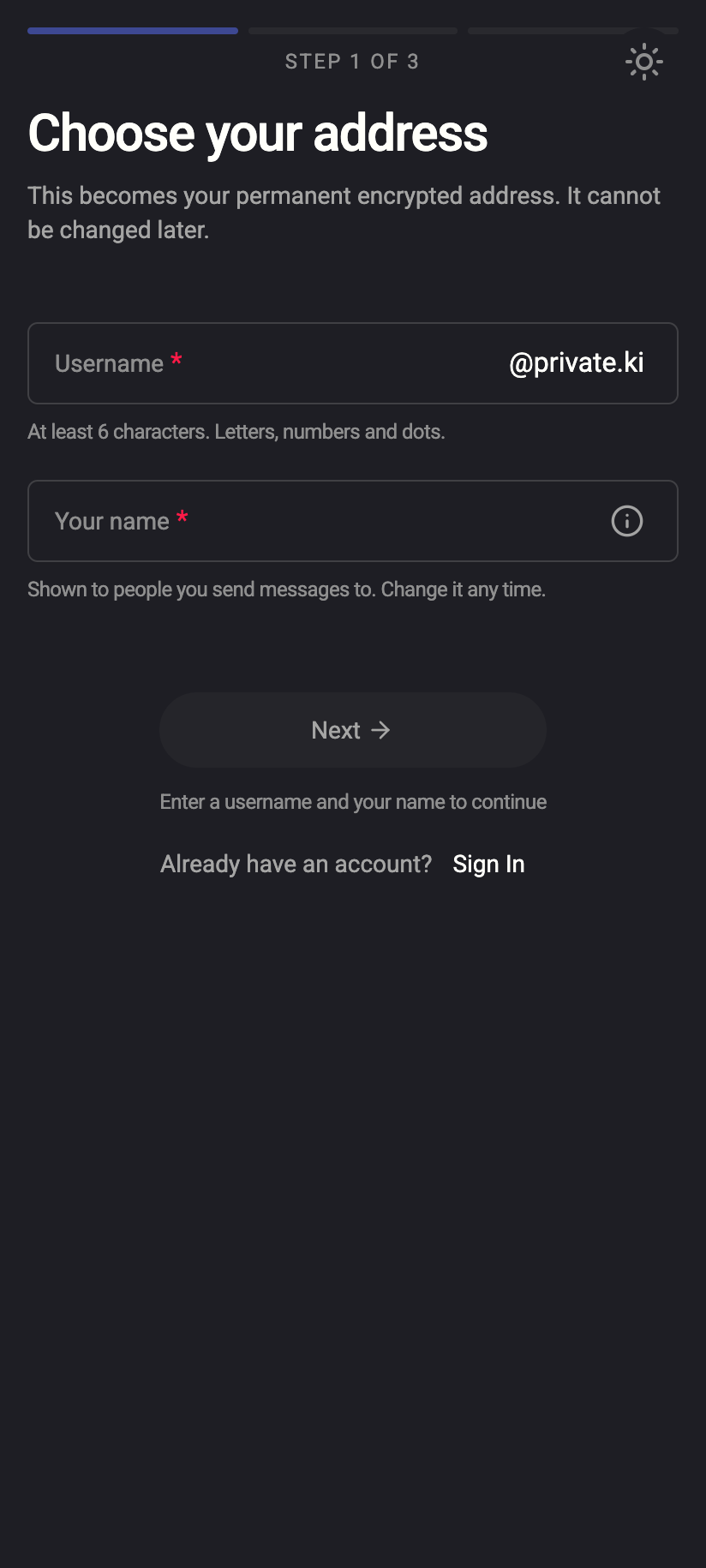 The sign-up form: username, your name, password and confirmation.