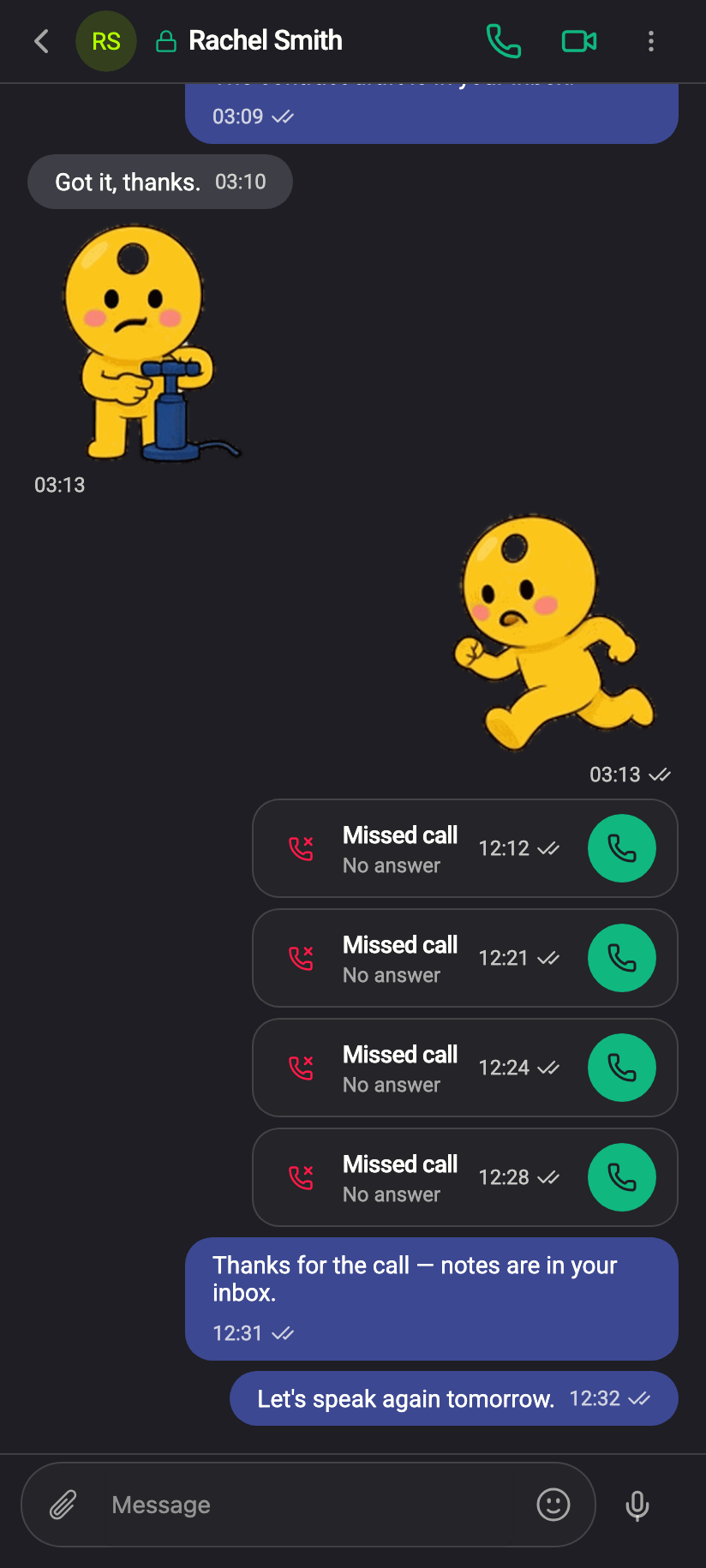 The phone and camera icons in a one-to-one chat header. A group header has neither.