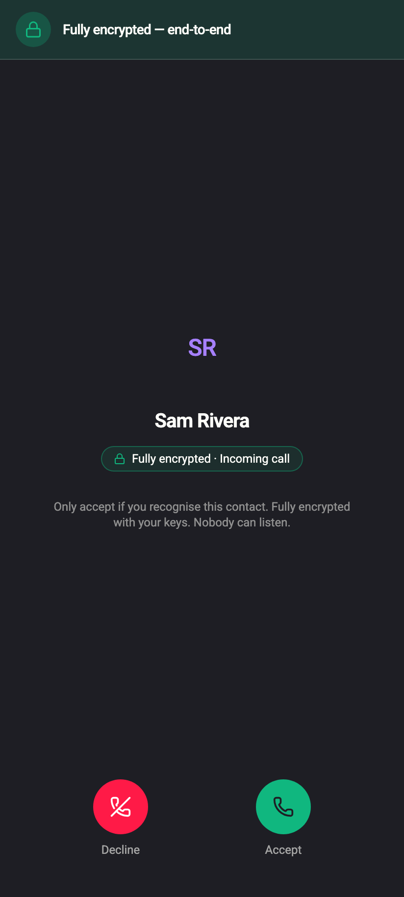 An incoming call: the caller's name, “Fully encrypted · Incoming call”, Decline and Accept.