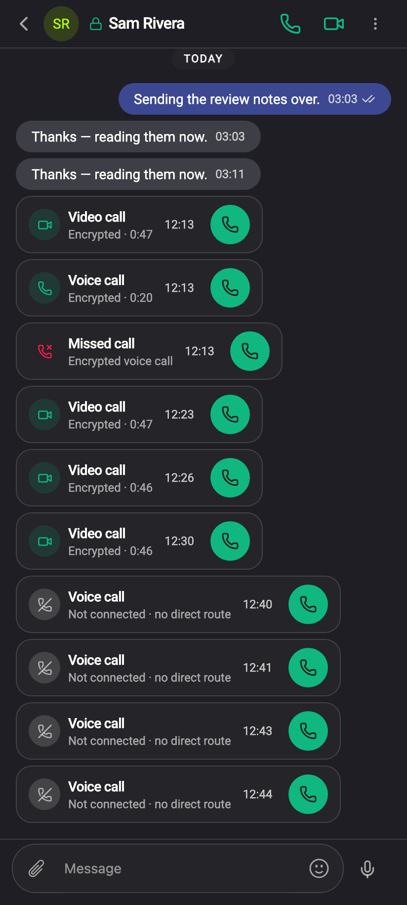 The record in the chat reads “Call · not connected” — never “Missed call”.