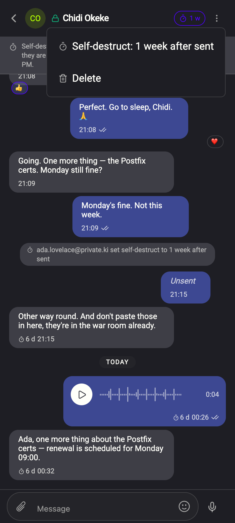 The ⋮ menu inside a conversation. Delete here opens the longer 'This cannot be undone' confirmation.