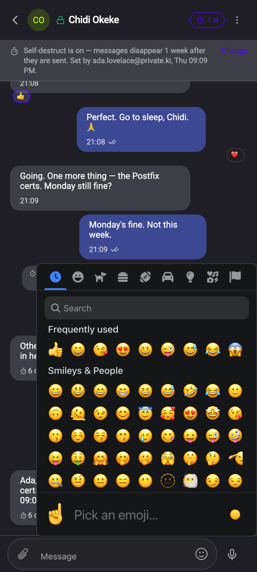 The emoji picker from the smiley icon: categories, search, frequently used.