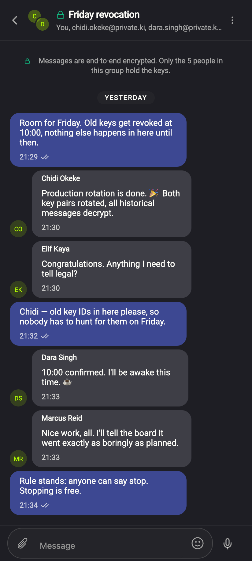A group conversation: sender names above bubbles, everyone listed in the header.