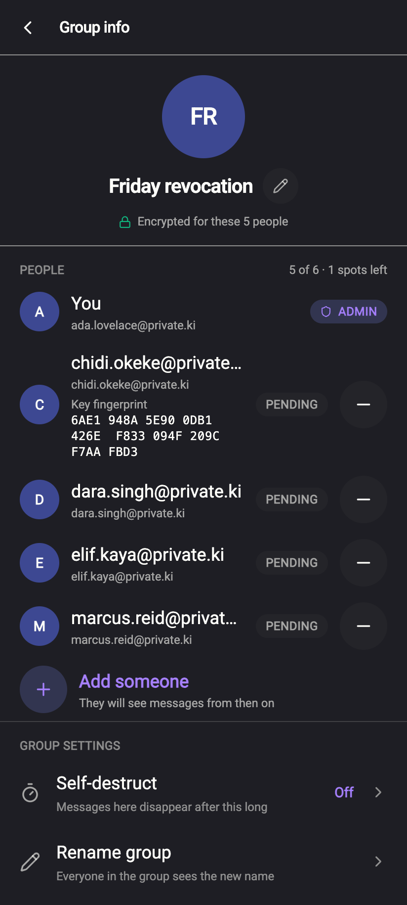 Group info as the admin: People with tags, Add someone, and Group settings.