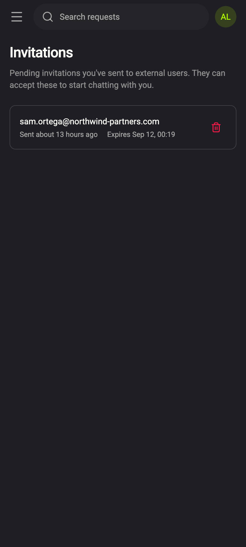 A pending emailed invitation: address, when it was sent, when it expires.