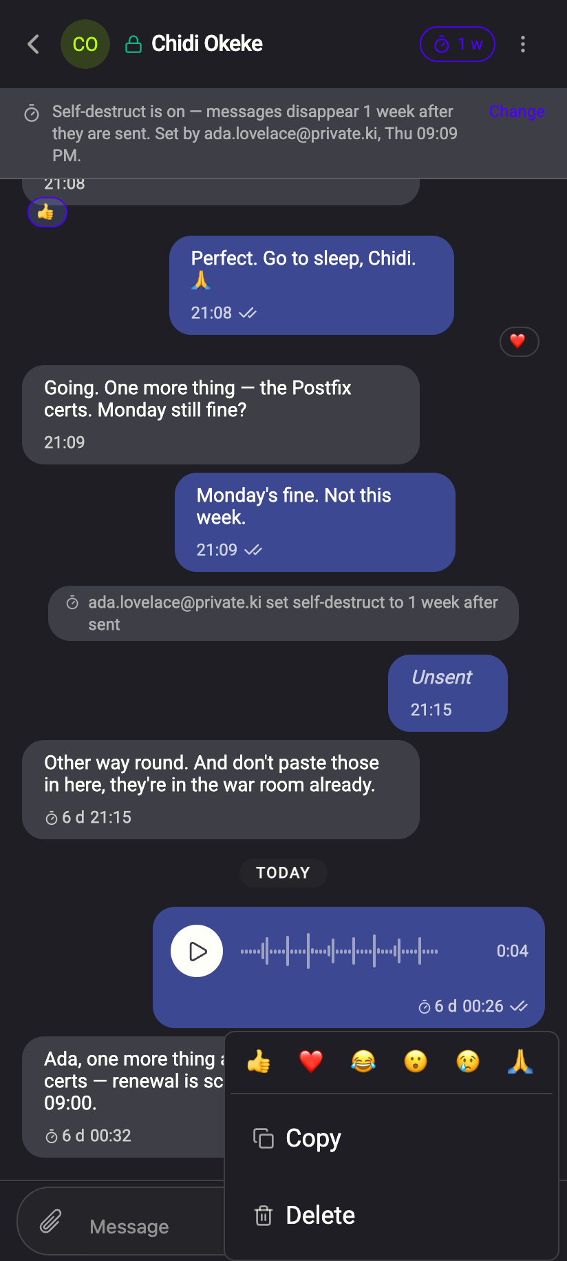 The six reactions, at the top of a message's menu (right-click on the desktop, press and hold on a phone).