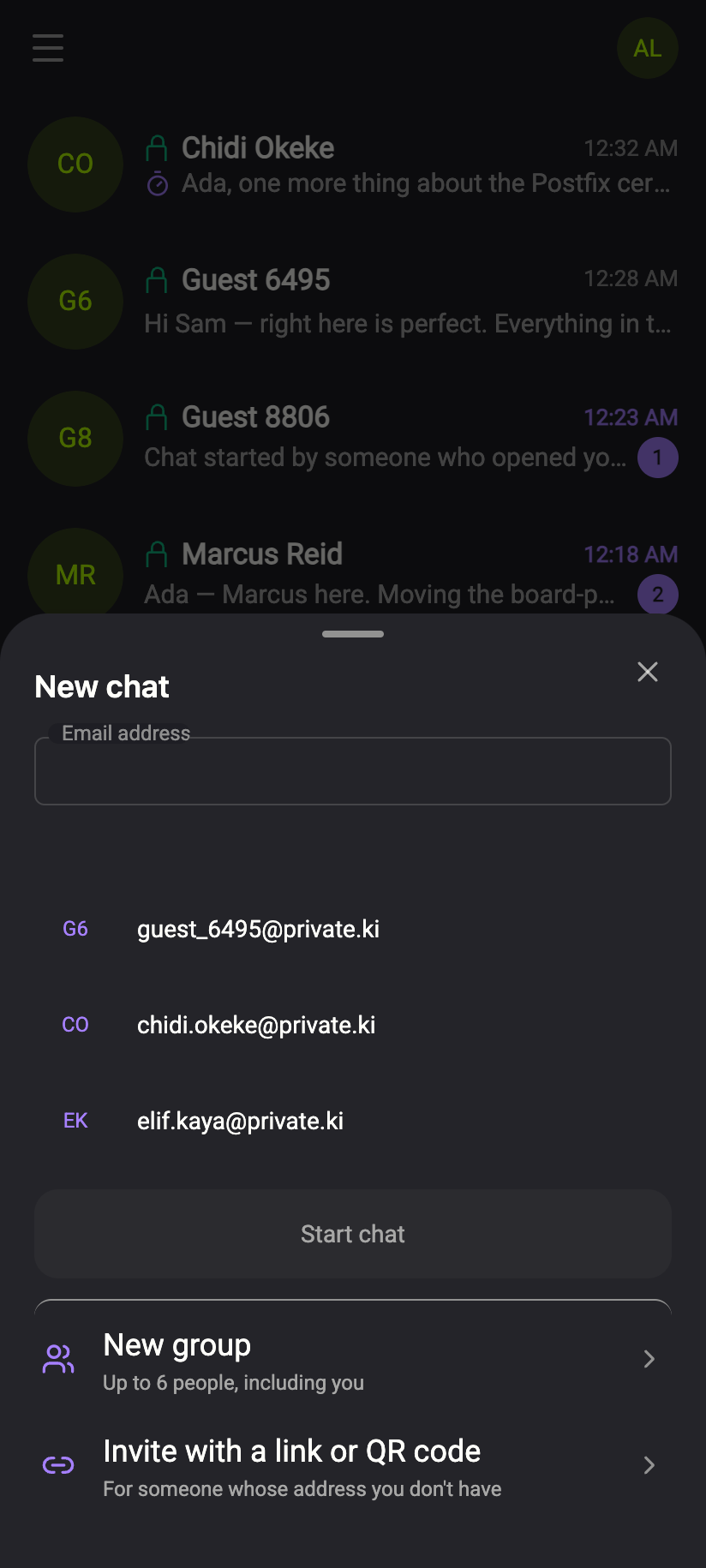 New group, in the New chat dialog — up to 6 people, including you.