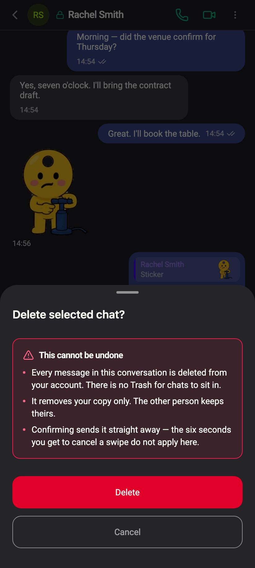 Delete selected chat? — confirming removes your copy at once.
