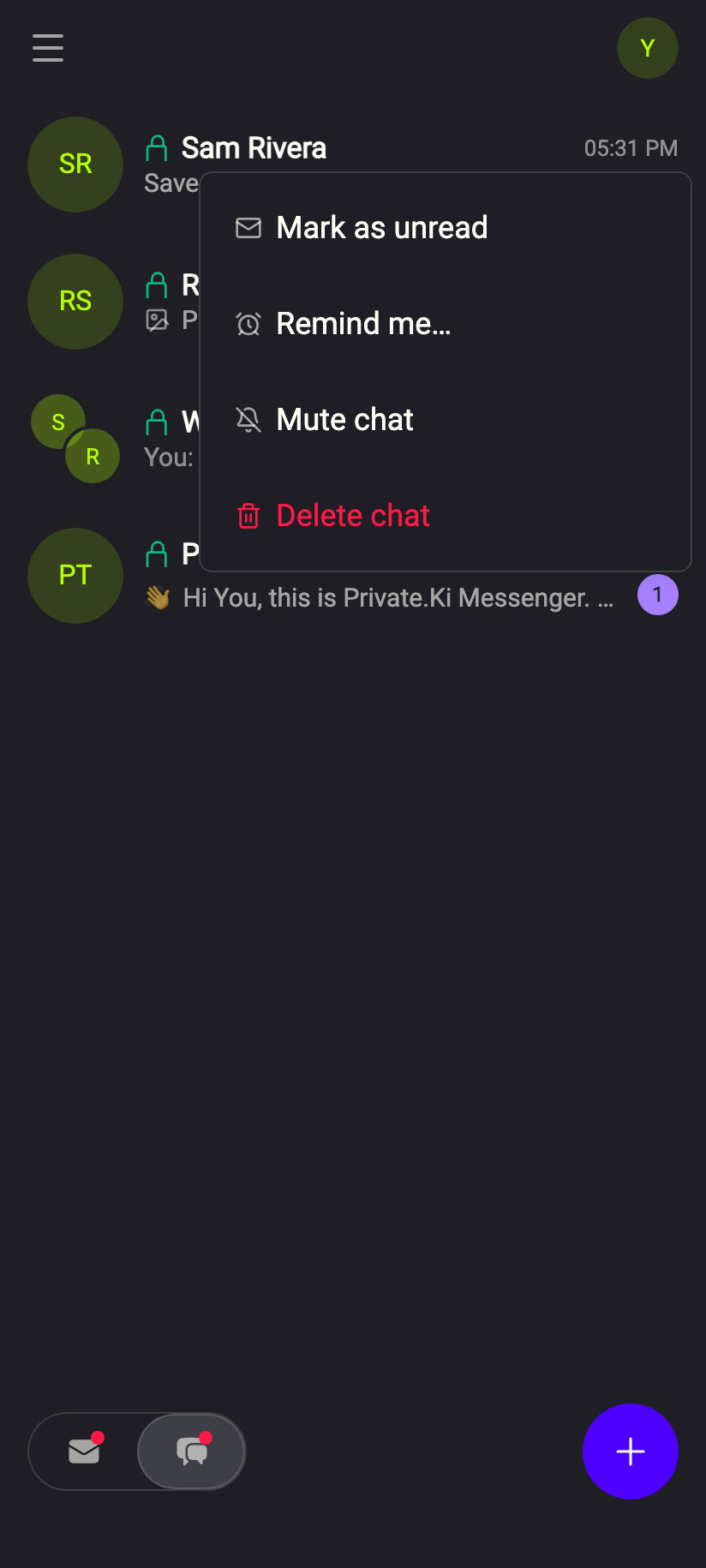 Right-click a row in the list: Mark as unread, Remind me…, Mute chat, Delete chat.