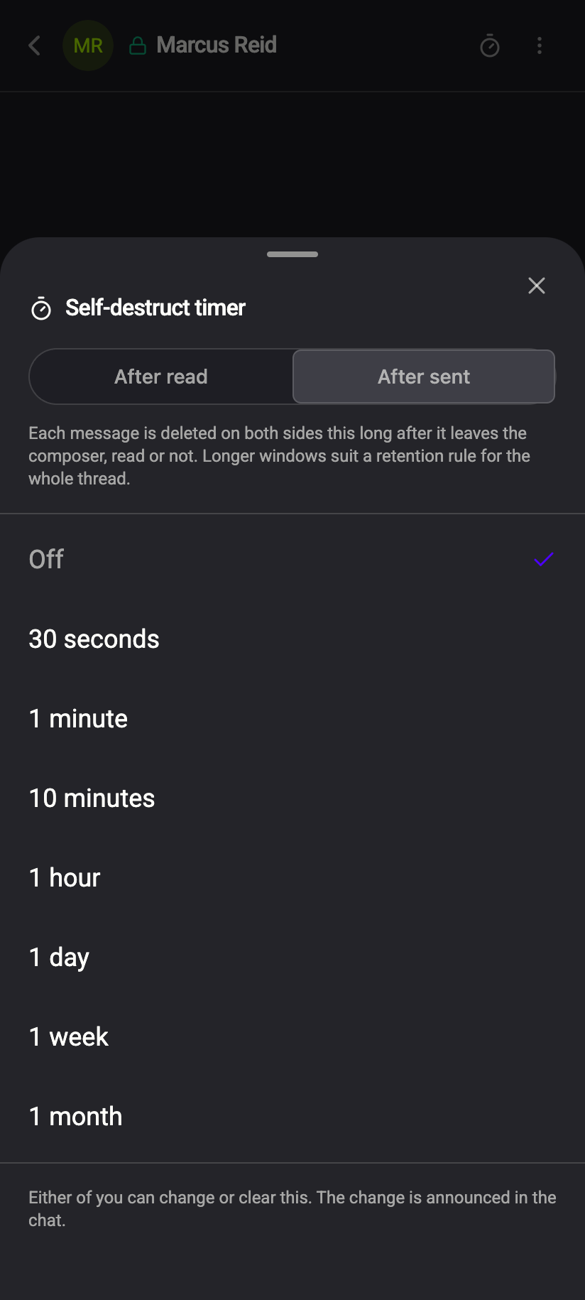 The Self-destruct timer picker: After sent durations from 30 seconds to 1 month; After read is not available yet.