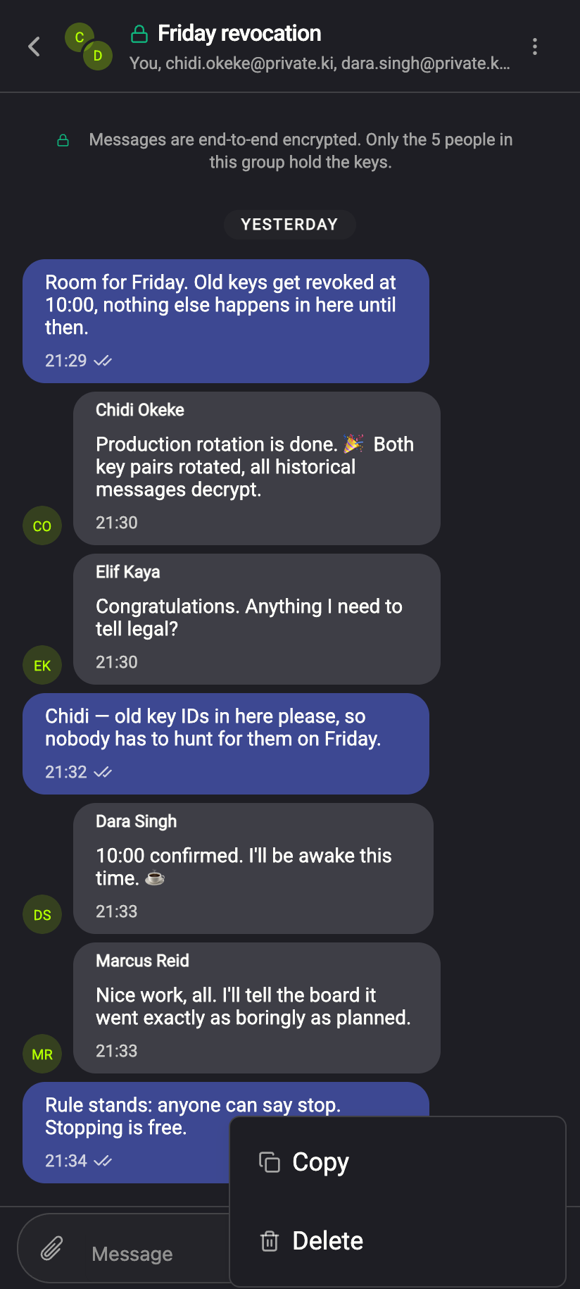 In a group the message menu has Copy and Delete only — no reactions, no Unsend.