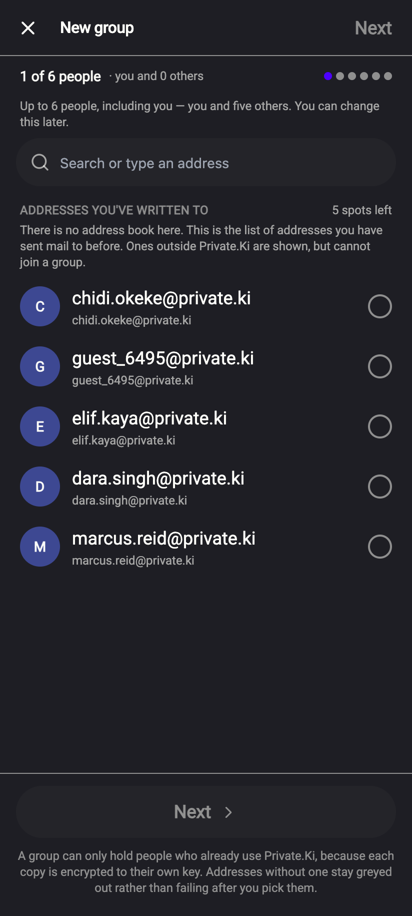 Pick from the addresses you have written to. Outside addresses are shown but cannot join.