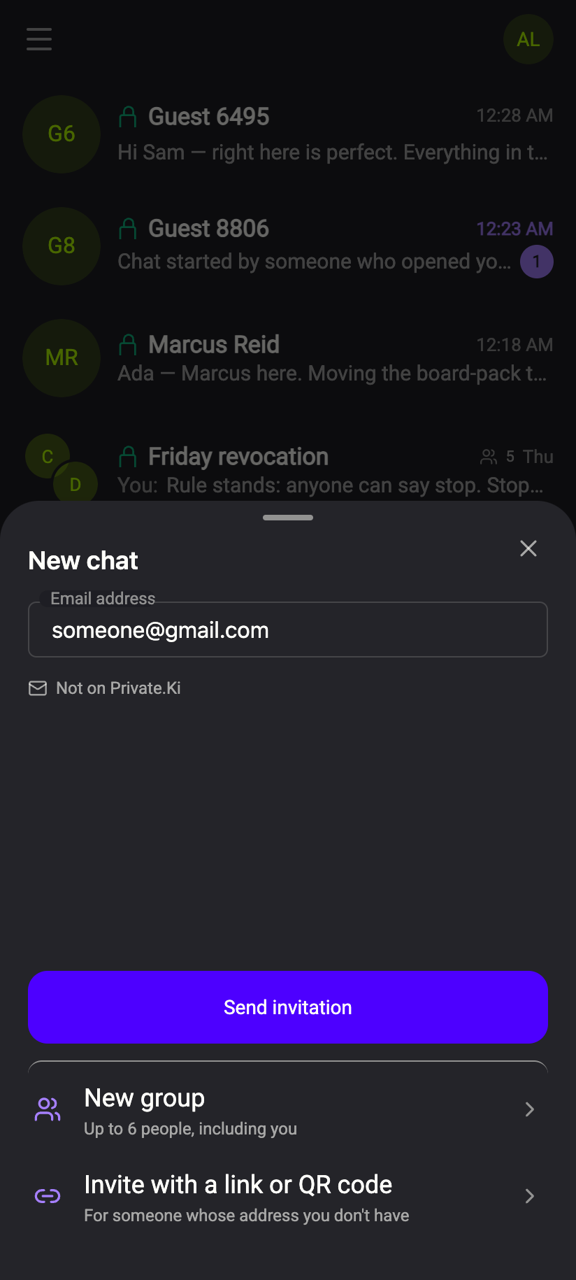 An address that is not on Private.Ki turns the button into Send invitation.