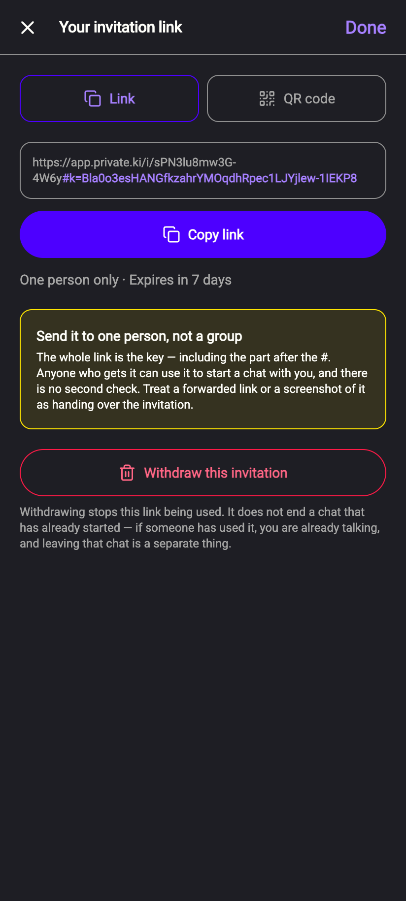 Your invitation link. The highlighted part after #k= is the key — copy the whole thing.