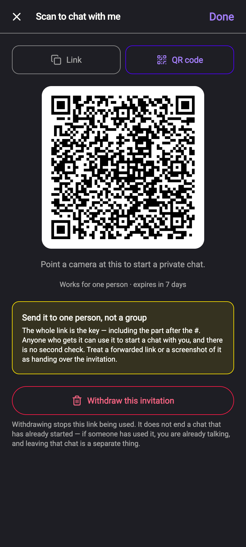 The QR code tab — point a phone camera at it to start the chat.