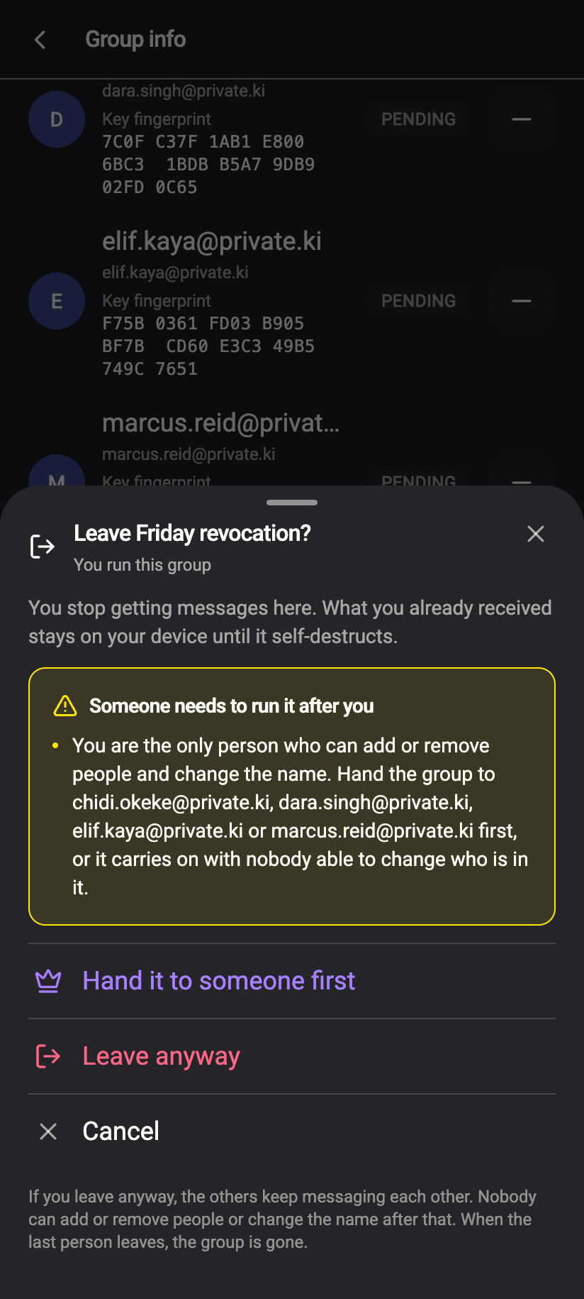 Leaving as the admin: hand it to someone first, or leave anyway and freeze the group.