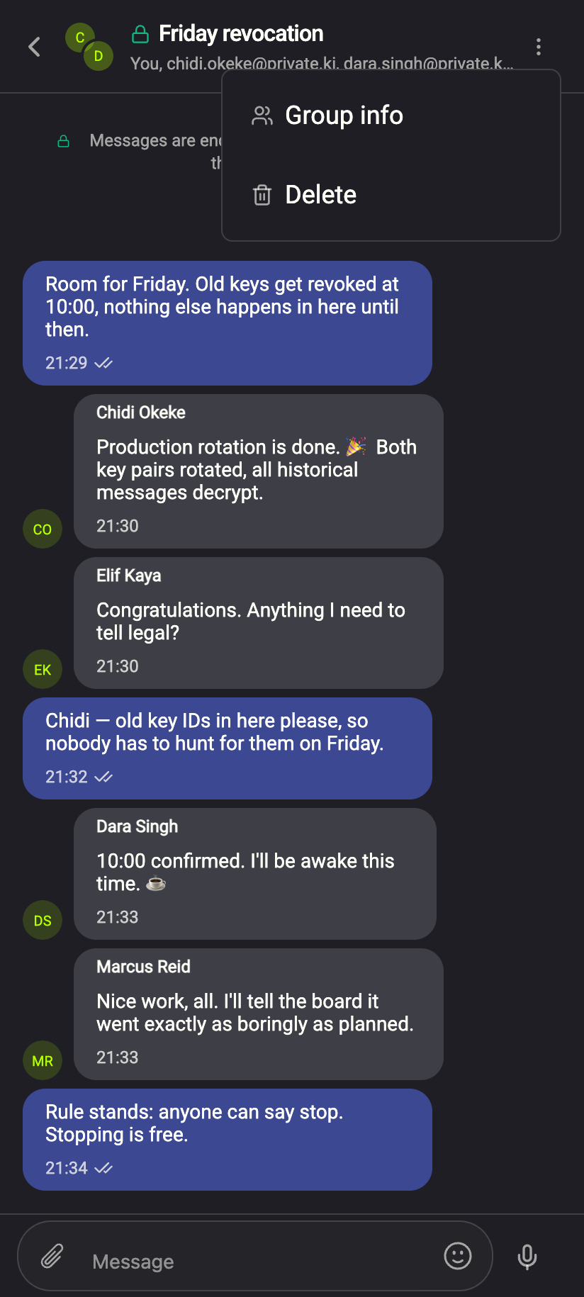 Group info is the first entry of the ⋮ menu in a group.