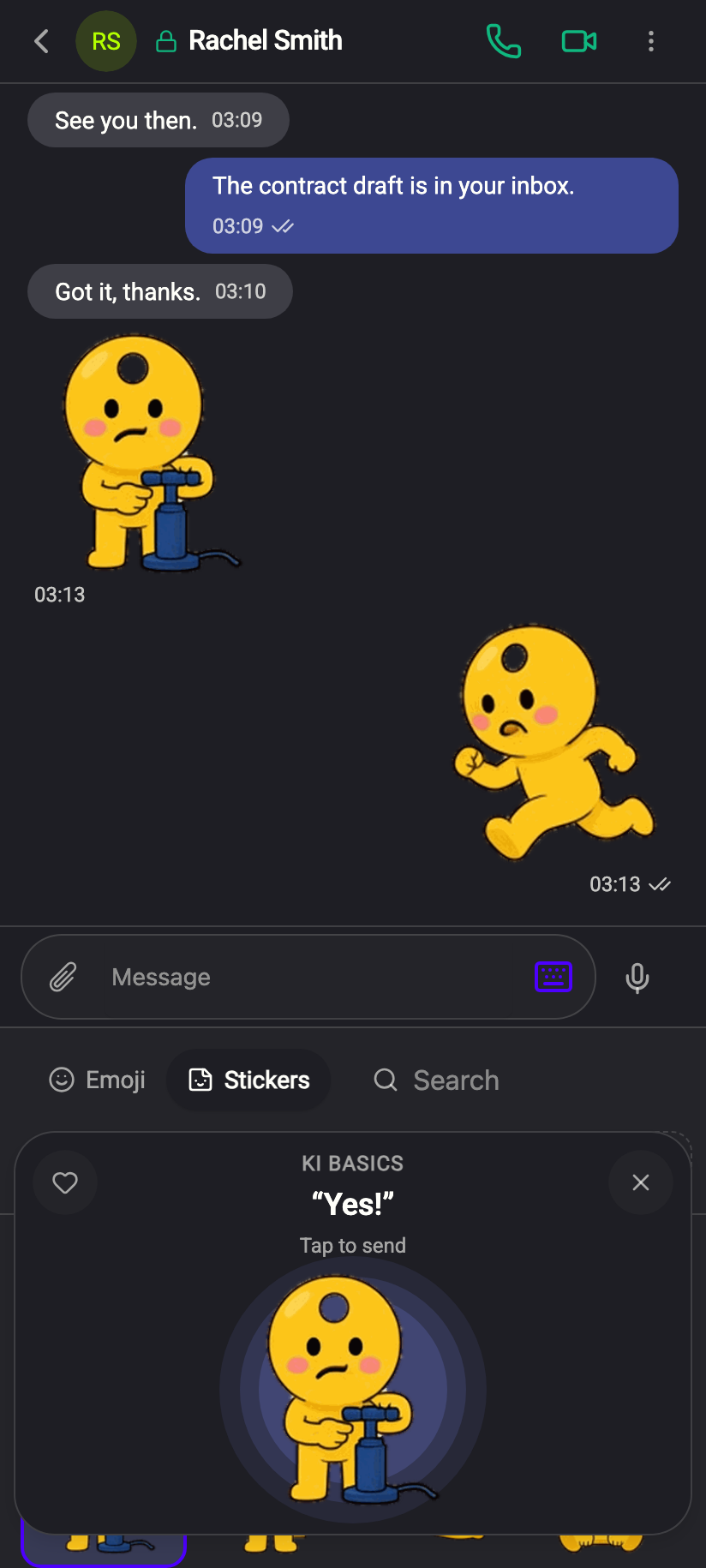 Tapping a sticker previews it large, with the pack name, the caption and “Tap to send”.
