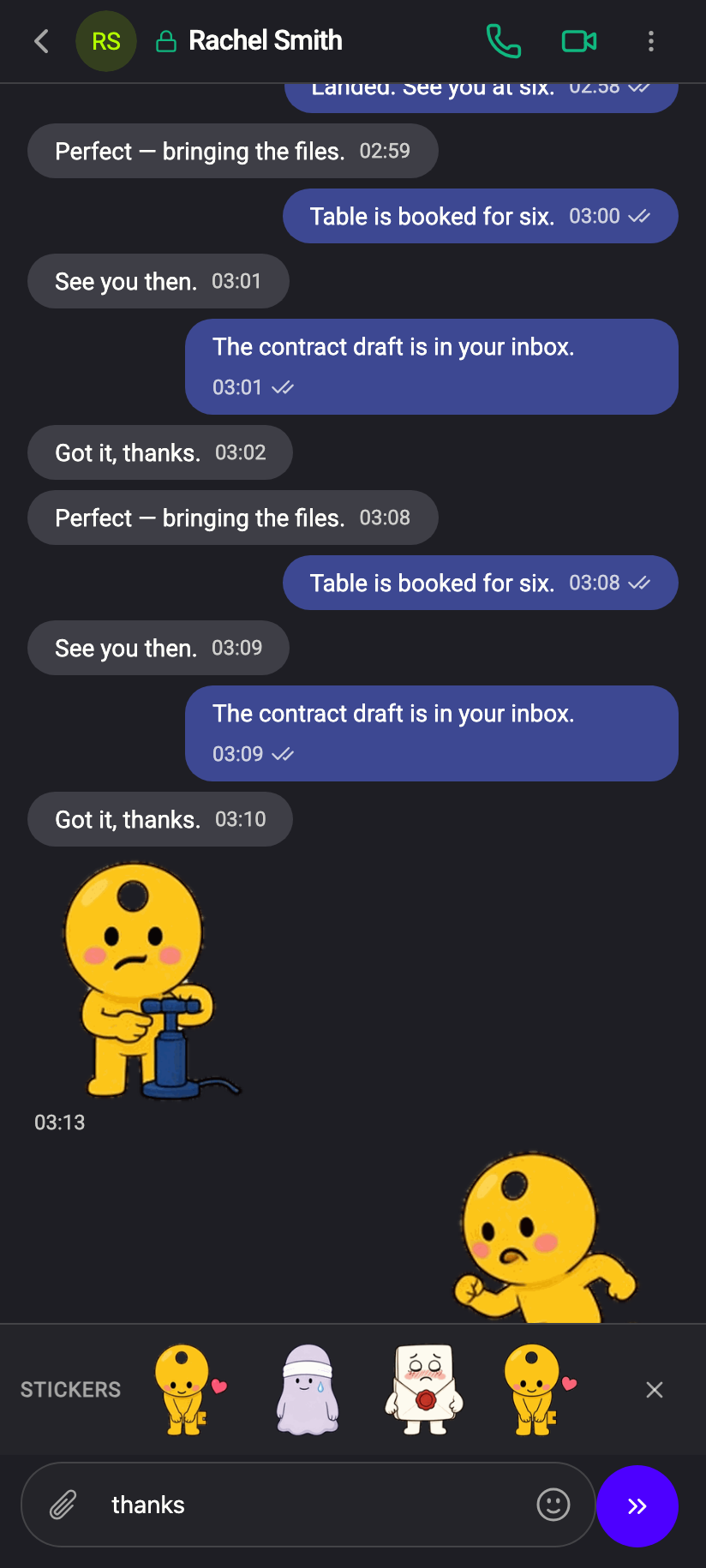 Typing a word that matches raises a strip of stickers above the message box; tapping one sends it and takes the word back out.
