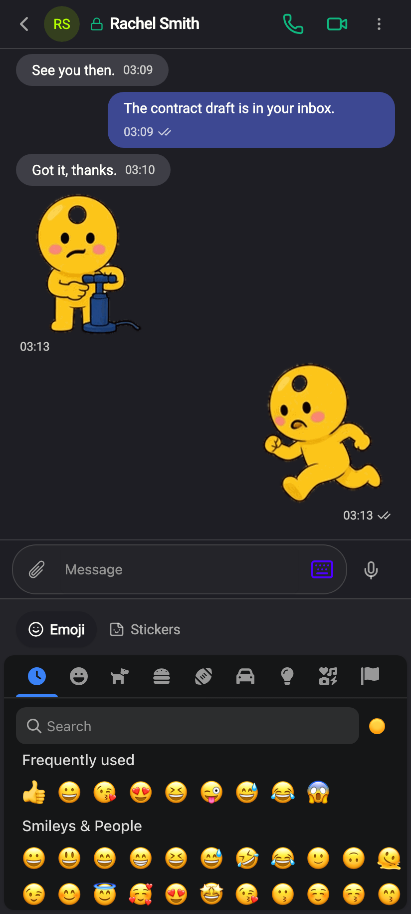 The tray opens on Emoji and Stickers, with the search field on the same row.