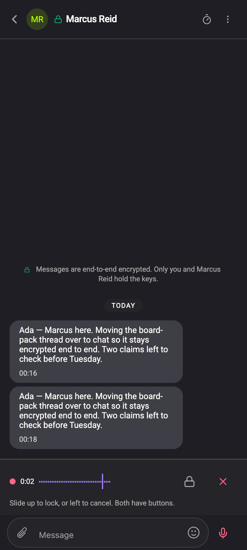Holding the mic on a phone: slide up to lock, left to cancel — both also have buttons.