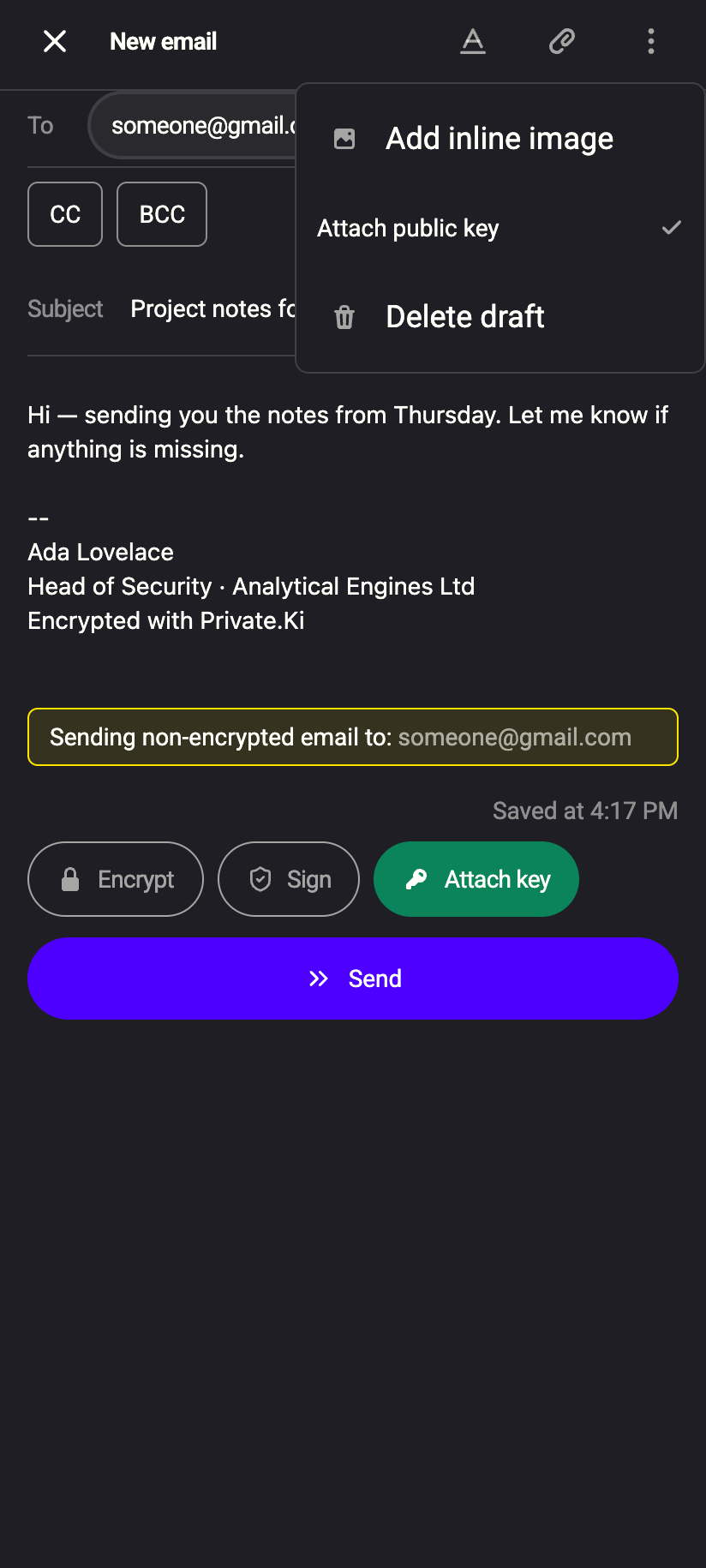 The ⋯ menu holds one item: Attach public key.