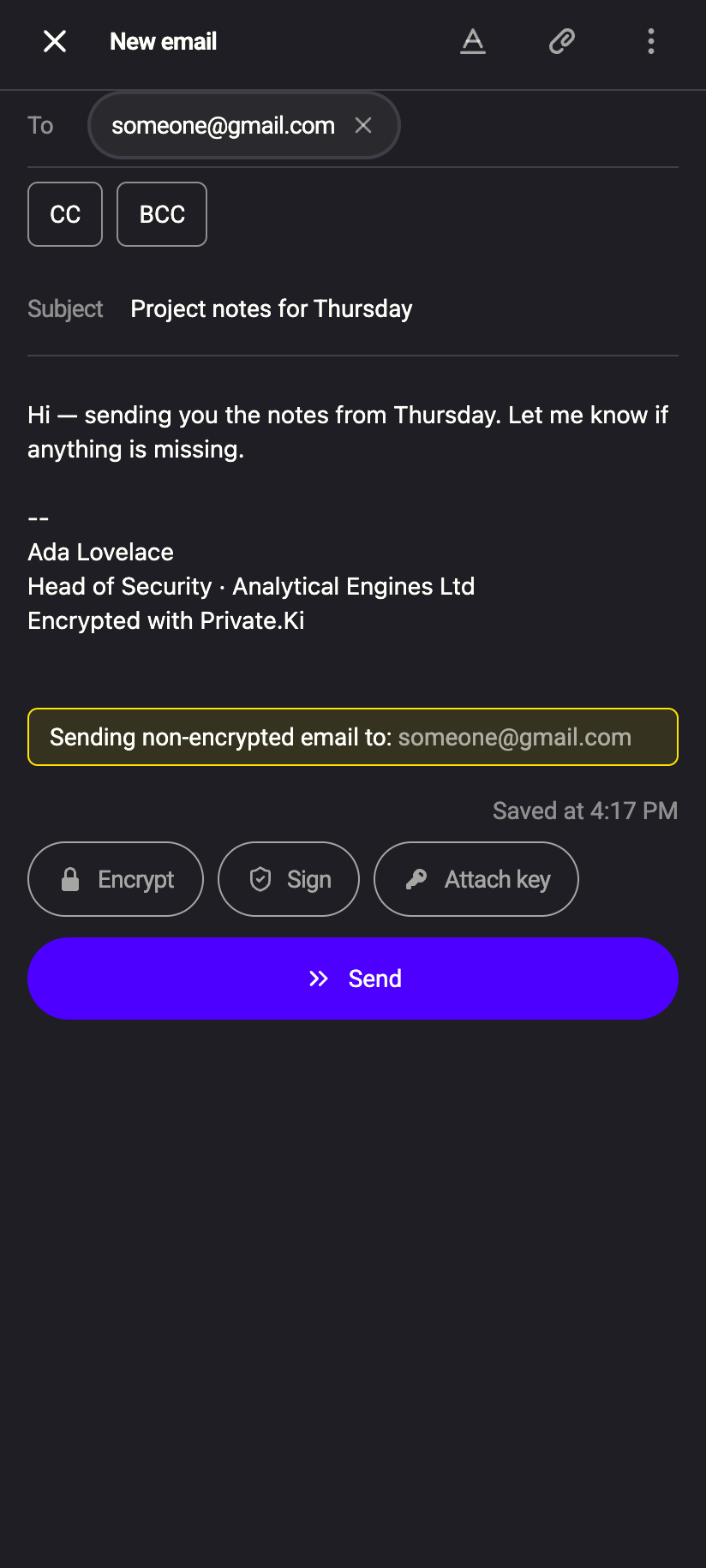 No key for the address: Encrypt and Sign switch off and the composer warns which recipients get plain email.