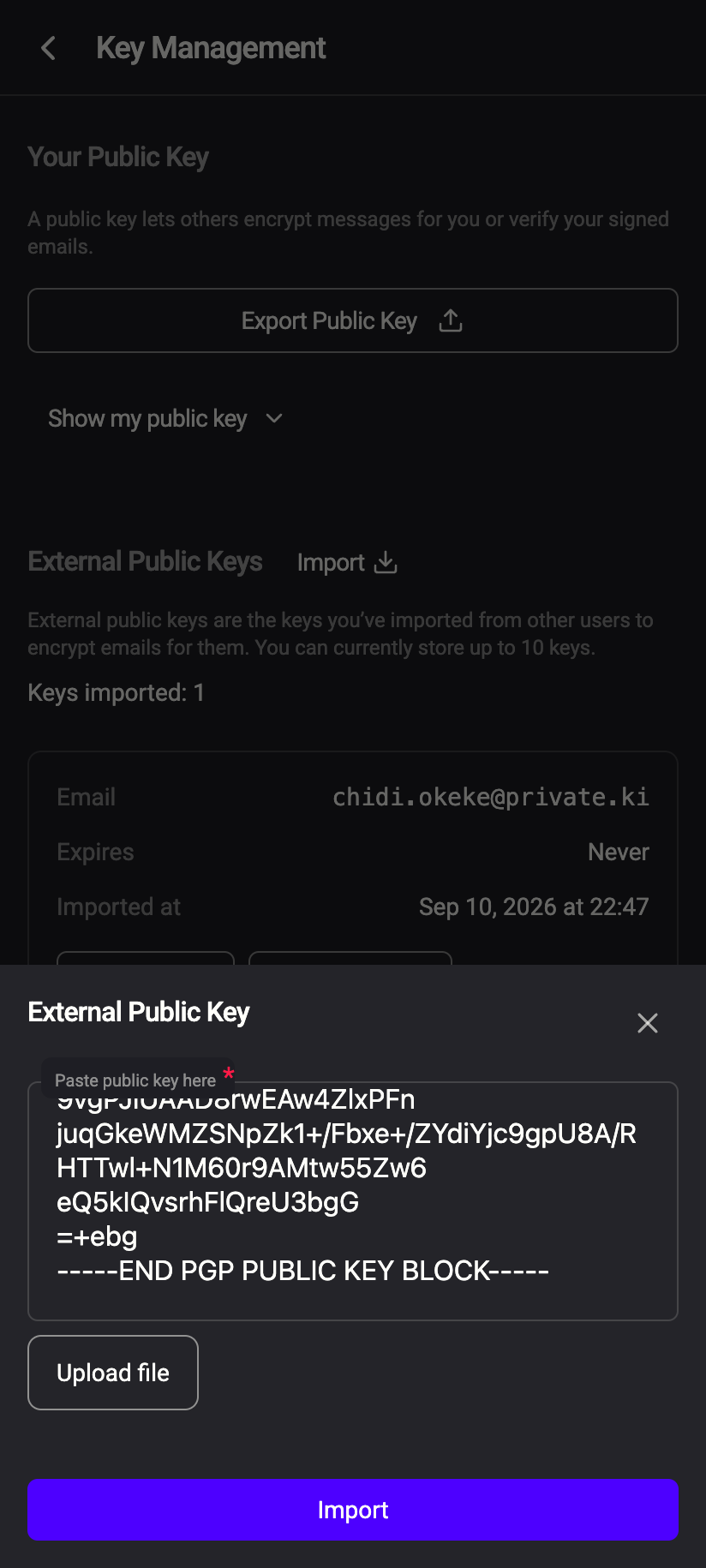 The External Public Key dialog with a key pasted in. Upload file and drag-and-drop work too.