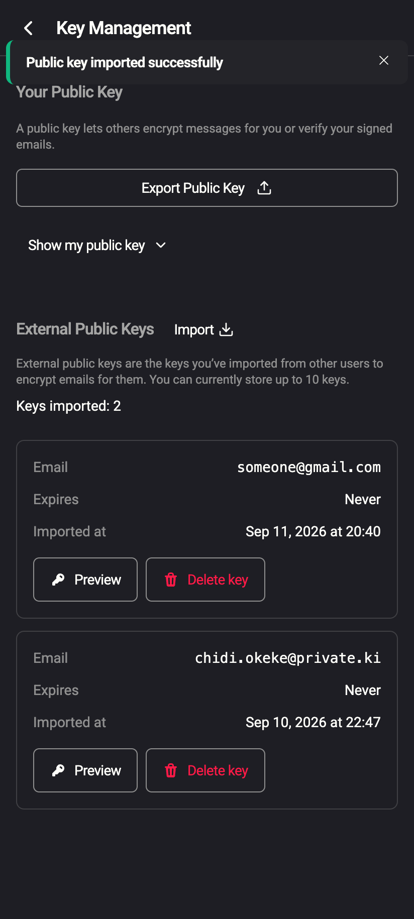 Done: the confirmation toast, and the key listed with its address, expiry and import time.