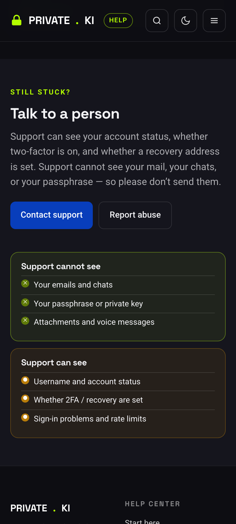 The Still stuck? block at the bottom of every Help Center page, with the Contact support and Report abuse buttons.