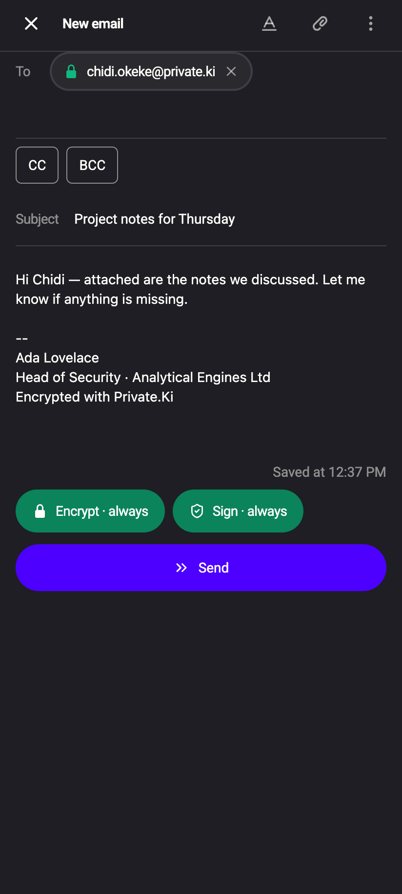 The composer with an internal recipient (green padlock), Encrypt and Sign on, and the Send button.