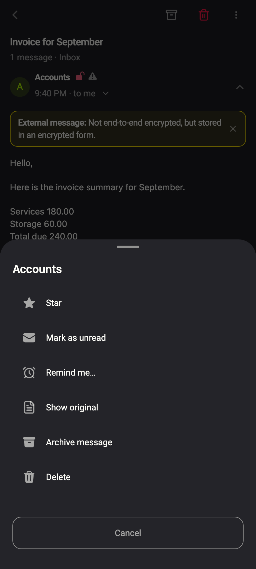 The ⋮ menu at the foot of an external message includes Show original.