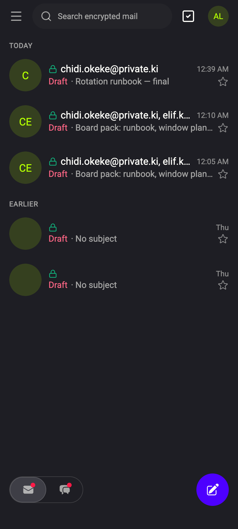 The Drafts folder lists unsent messages; an empty subject shows as No subject.