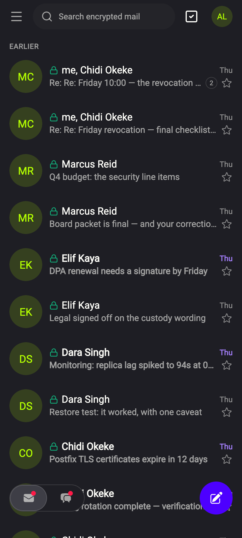 The search field opens above the list. The Trash chip includes deleted mail.