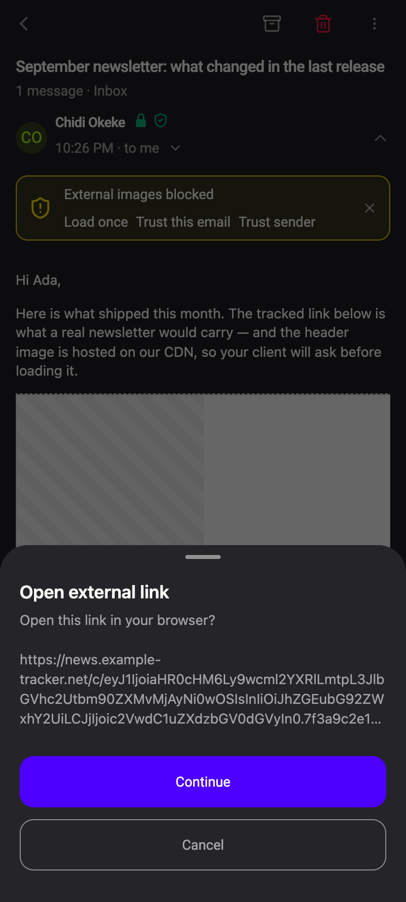 The dialog shows the real destination before anything opens.