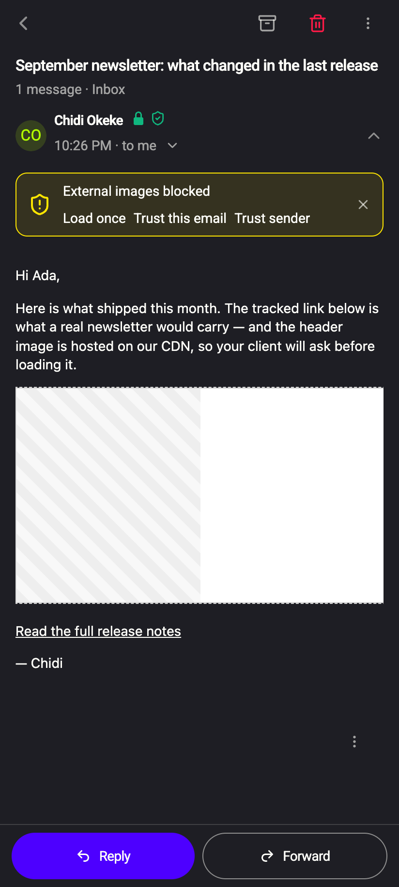 External images blocked — load once, or trust the message or the sender.