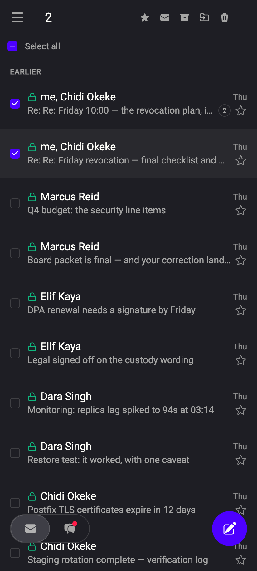 With rows ticked, the toolbar shows the actions the folder allows.