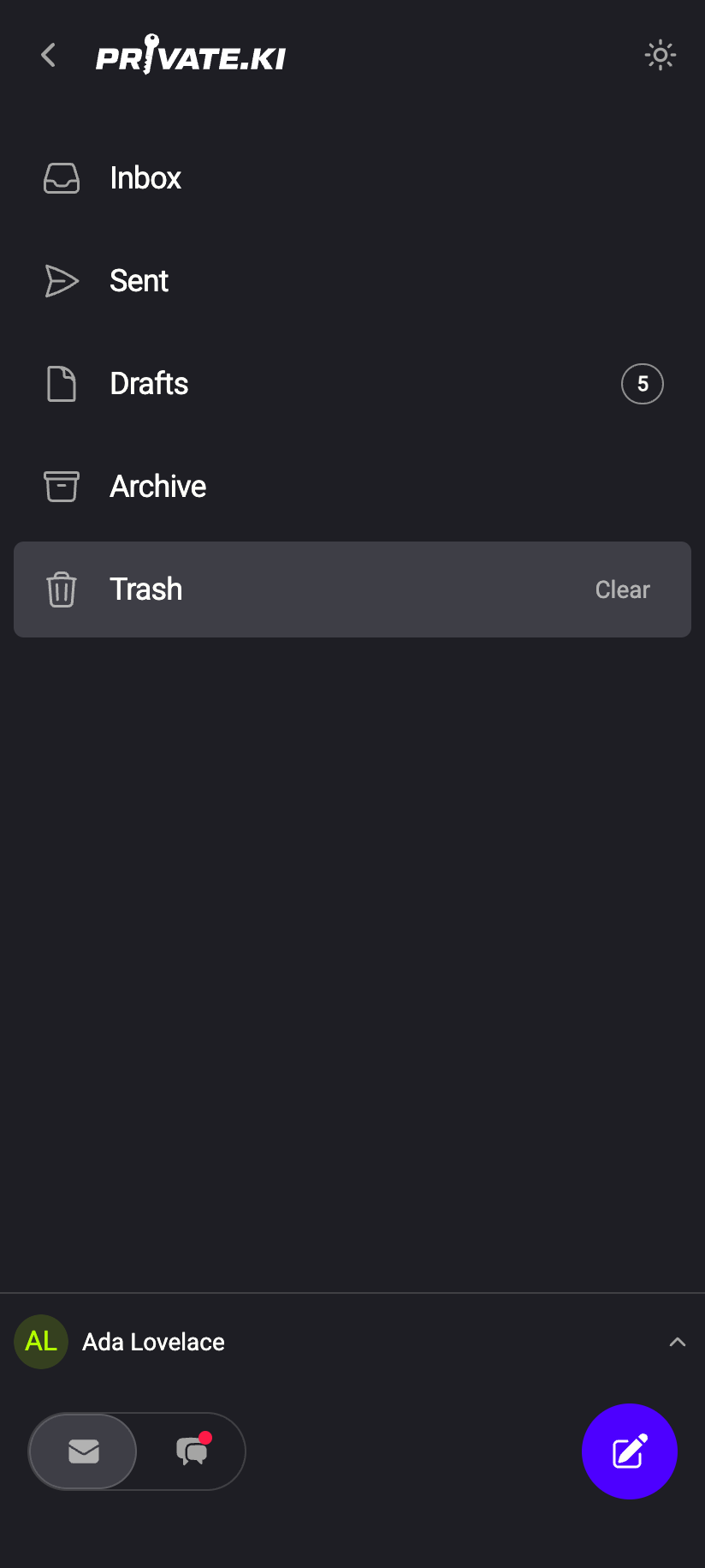 Clear appears next to Trash while the folder is open; it empties the whole folder after a confirmation.