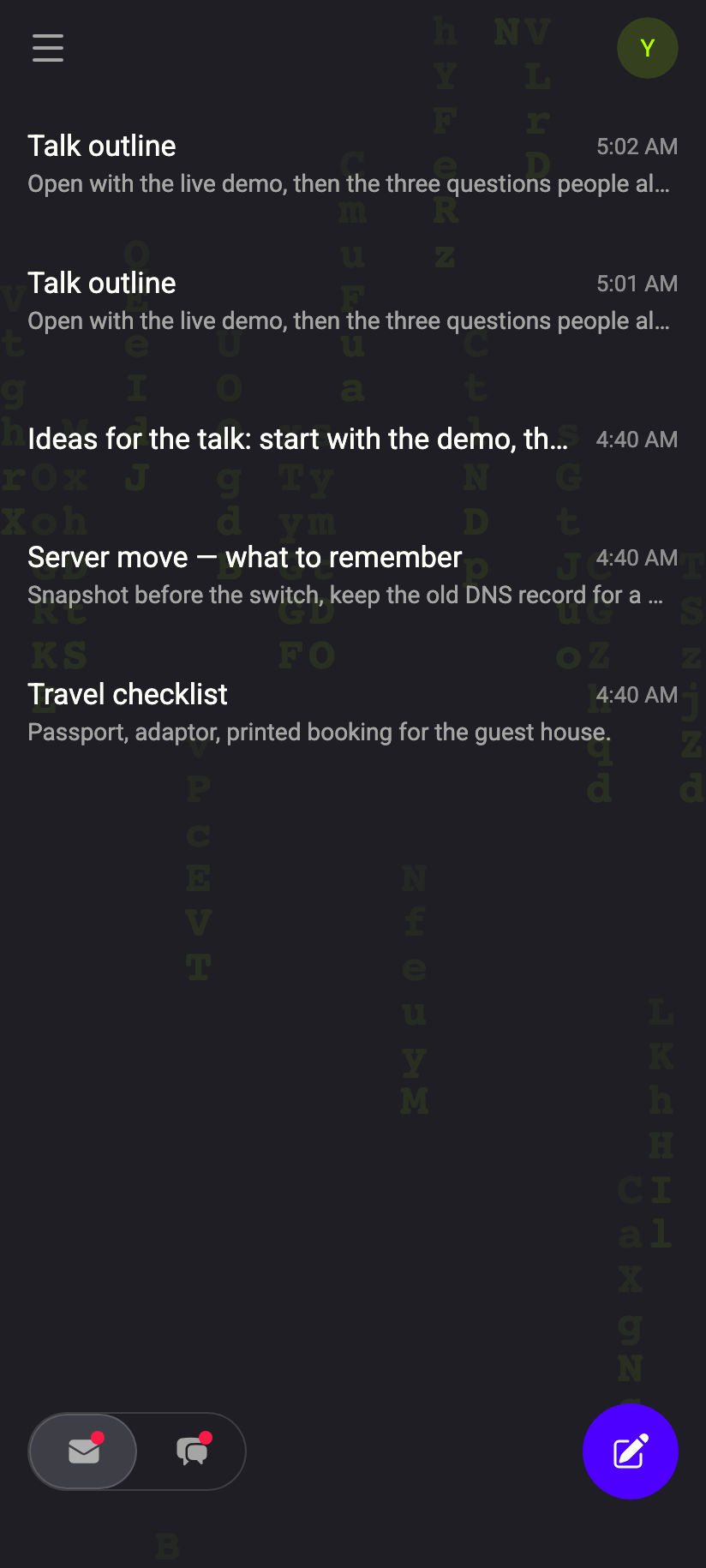 Notes, directly under Drafts — and the new-item control reading New note.