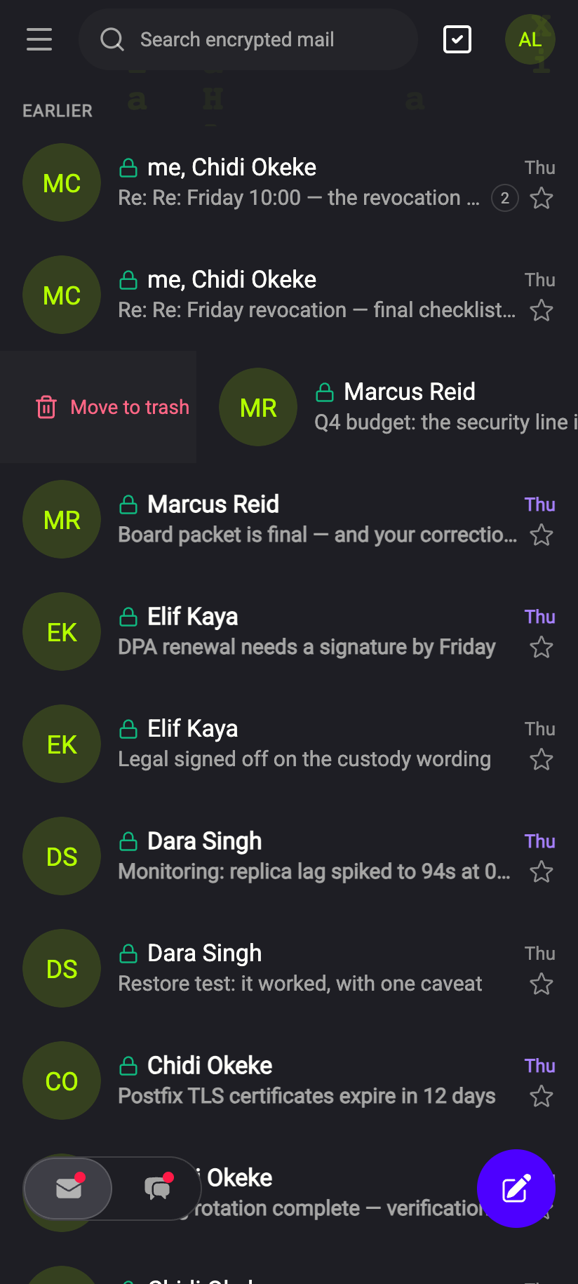 Move to trash is the last entry of the row menu.