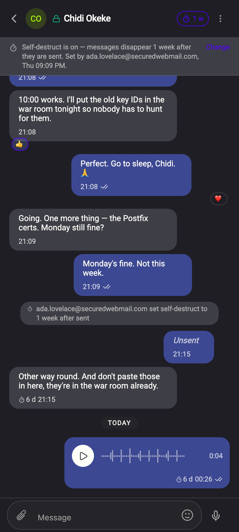 What remains: an italic Unsent placeholder with the original time — here on the other person's screen.