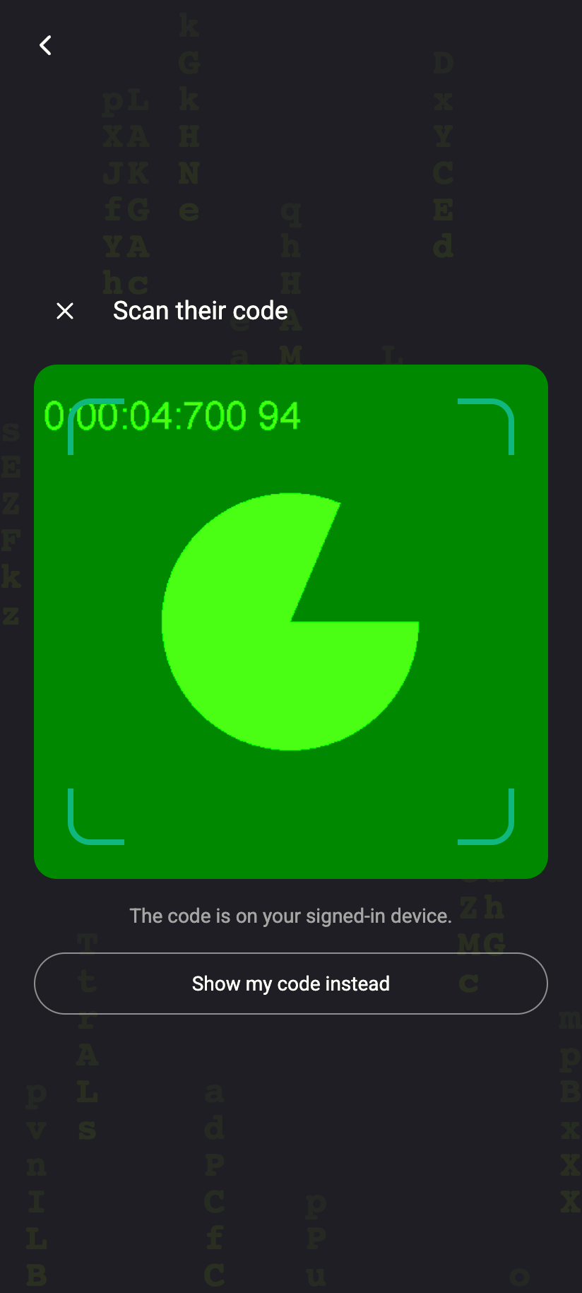 The new device showing its single-use code, waiting to be scanned.