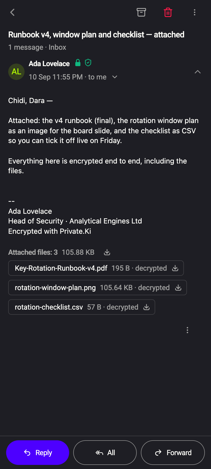 A received message: Attached files with a download-all icon, each file marked decrypted with its own download icon.