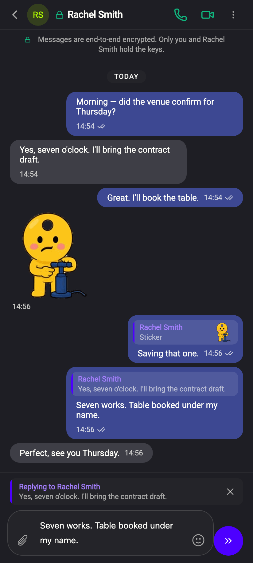 “Replying to ” above the message box, with a line of the original and a × to cancel.