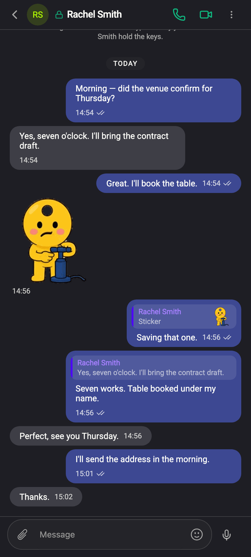 The sent message carries the quote above your own words; tapping the quote jumps to the original.