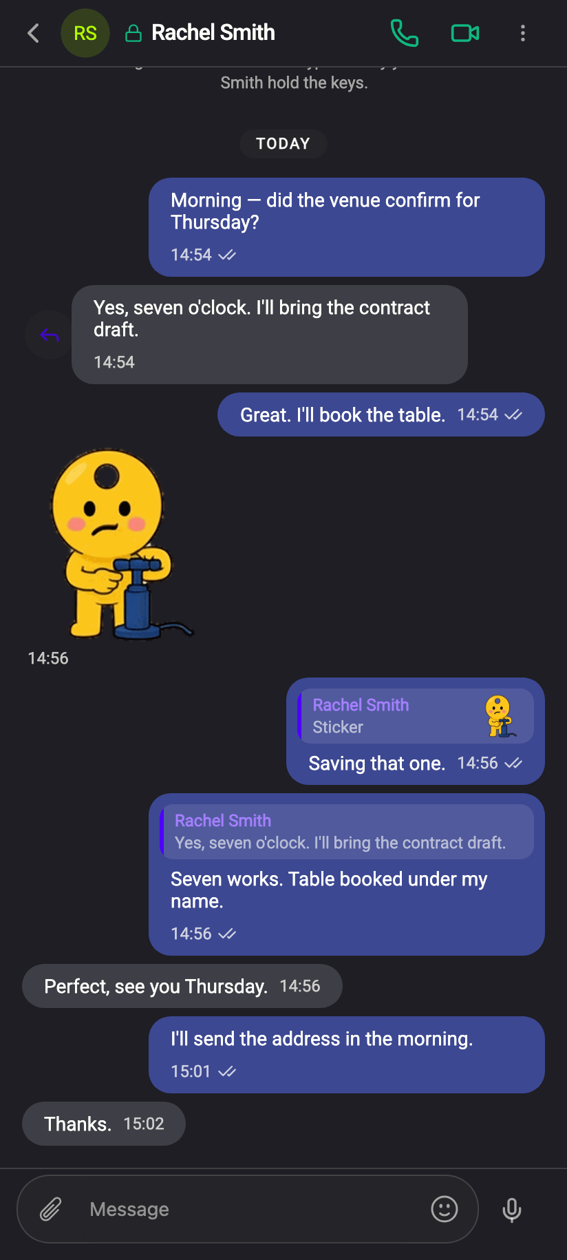 Three ways in: swipe the bubble either way, long-press it for Reply, or double-click it on a desktop.